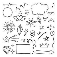 Hand drawn set of Abstract doodle elements. Arrows, heart, star, crown, signs and symbols in sketch style. Vector illustration isolated on white background