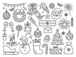 Hand drawn set of Christmas doodle icons. New year party in sketch style. Vector illustration isolated on white background