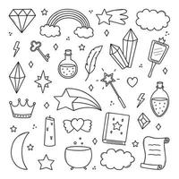 Hand drawn set of kids magic and fantasy doodle. Magic items. Rainbow, crystal, mirror, stars in sketch style. Vector illustration isolated on white background