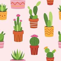 Cactus in pots seamless pattern vector
