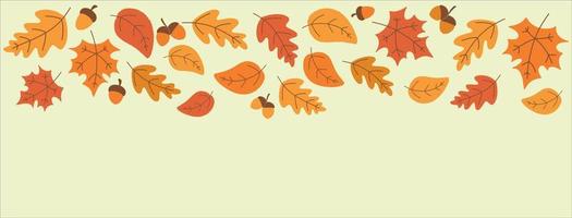 caída de coloridas hojas de otoño y bellotas. pancarta de otoño con hojas amarillas y naranjas. ilustración vectorial estacional. vector