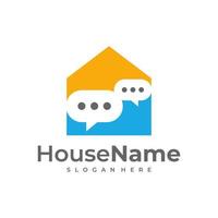 Home and talk logo - house with chimney and chat or message symbol. Realty and estate agency, discussion, conversation and communication vector icon.