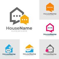 Set of Home and talk logo - house with chimney and chat or message symbol. Realty and estate agency, discussion, conversation and communication vector icon.