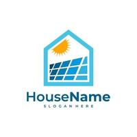 Solar power home logo icon template. Solar panel on roof with house and sun sign. Alternative energy company emblem. Renewable electricity business symbol. Vector illustration.