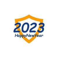 Happy New Year 2023 text with Shield design concept. Cover of business diary for 2023 with wishes. Brochure design template, card, banner. Vector illustration. Isolated on white background.