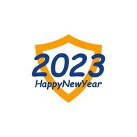 Happy New Year 2023 text with Shield design concept. Cover of business diary for 2023 with wishes. Brochure design template, card, banner. Vector illustration. Isolated on white background.