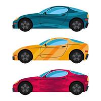 A set of three cars painted in different colors. Vector illustration