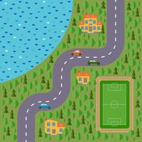 Plan of village. Landscape with the road, forest, lake, stadium, cars and houses. Vector illustration