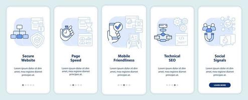 factores de clasificación seo pantalla de aplicación móvil de incorporación azul claro. tutorial 5 pasos instrucciones gráficas editables con conceptos lineales. interfaz de usuario, ux, plantilla de interfaz gráfica de usuario. vector