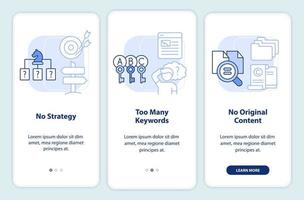 Search engine optimization mistakes light blue onboarding mobile app screen. Walkthrough 3 steps editable instructions with linear concepts. UI, UX, GUI template. vector