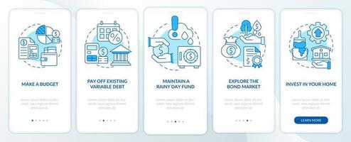 Protecting money during inflation blue onboarding mobile app screen. Walkthrough 5 steps editable graphic instructions with linear concepts. UI, UX, GUI template. vector