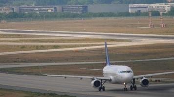 FRANKFURT AM MAIN, GERMANY JULY 19, 2017 - Airbus A320 of Air Astana taxiing on the airfield at Frankfurt Airport, Germany. Tourism and travel concept, air flight video