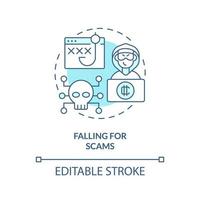 Falling for scams turquoise concept icon. Beware of frauds. Common crypto mistake abstract idea thin line illustration. Isolated outline drawing. Editable stroke. vector