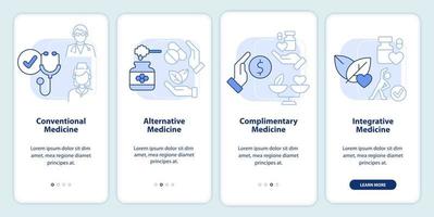 Enfoques de la pantalla de aplicación móvil de incorporación azul claro de atención médica. tutorial 4 pasos instrucciones gráficas editables con conceptos lineales. interfaz de usuario, ux, plantilla de interfaz gráfica de usuario. vector