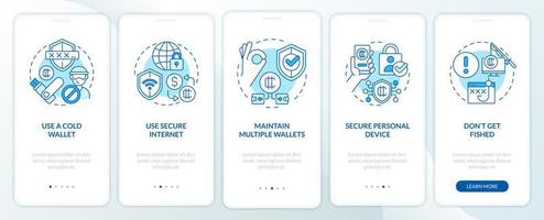 Crypto wallet security blue onboarding mobile app screen. Safety walkthrough 5 steps editable graphic instructions with linear concepts. UI, UX, GUI template. vector