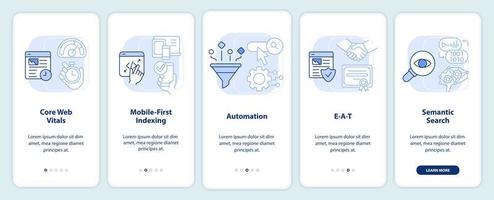 conceptos de optimización de motores de búsqueda pantalla de aplicación móvil de incorporación azul claro. tutorial 5 pasos instrucciones editables con conceptos lineales. interfaz de usuario, ux, plantilla de interfaz gráfica de usuario. vector