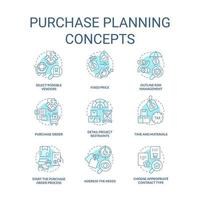 Purchase planning turquoise concept icons set. Procurement order idea thin line color illustrations. Risk management. Isolated symbols. Editable stroke. vector