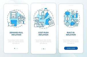 pantalla de aplicación móvil de incorporación de tipos de inflación azul. Tutorial de aumento de precios en 3 pasos con instrucciones gráficas editables con conceptos lineales. interfaz de usuario, ux, plantilla de interfaz gráfica de usuario. vector