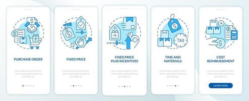 Procurement contracts blue onboarding mobile app screen. Walkthrough 5 steps editable graphic instructions with linear concepts. UI, UX, GUI template. vector