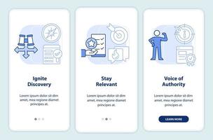 pilares de optimización de motores de búsqueda pantalla de aplicación móvil de incorporación azul claro. instrucciones editables de 3 pasos con conceptos lineales. interfaz de usuario, ux, plantilla de interfaz gráfica de usuario. vector