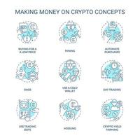 Ganar dinero con el conjunto de iconos de concepto crypto turquesa. ideas de minería de criptomonedas ilustraciones en color de línea delgada. símbolos aislados. trazo editable. vector