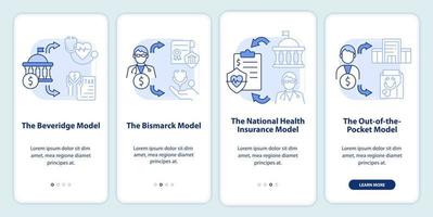 principales modelos de atención médica pantalla de aplicación móvil de incorporación azul claro. tutorial 4 pasos instrucciones gráficas editables con conceptos lineales. interfaz de usuario, ux, plantilla de interfaz gráfica de usuario. vector