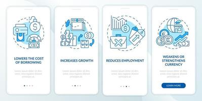 Negative effects of inflation blue onboarding mobile app screen. Walkthrough 4 steps editable graphic instructions with linear concepts. UI, UX, GUI template. vector