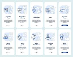 Search engine optimization light blue onboarding mobile app screen set. Walkthrough 5 steps editable instructions with linear concepts. UI, UX, GUI template. vector