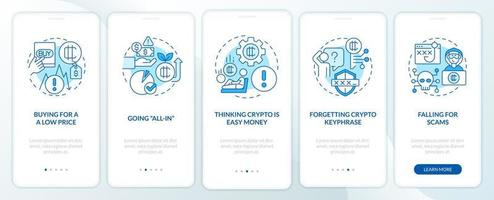 Common crypto mistakes blue onboarding mobile app screen. Risks walkthrough 5 steps editable graphic instructions with linear concepts. UI, UX, GUI template. vector