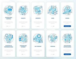 Making money on crypto blue onboarding mobile app screen set. Walkthrough 5 steps editable graphic instructions with linear concepts. UI, UX, GUI template. vector