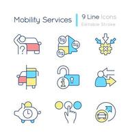 Mobility services RGB color icons set. Maas and city infrastructure. Isolated vector illustrations. Simple filled line drawings collection. Editable stroke. Quicksand-Light font used..