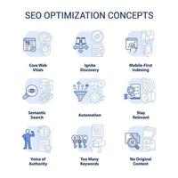 conjunto de iconos de concepto azul claro de optimización seo. mercadeo por Internet. idea de promoción del sitio web ilustraciones en color de línea delgada. símbolos aislados. trazo editable. vector