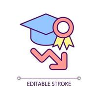 Education quality decreasing RGB color icon. Poor quality studying. Learning problem. Excellence badge. Isolated vector illustration. Simple filled line drawing. Editable stroke.