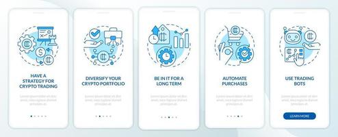 Cryptocurrency tips blue onboarding mobile app screen. Making money walkthrough 5 steps editable graphic instructions with linear concepts. UI, UX, GUI template. vector