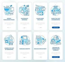 consecuencias de la inflación conjunto de pantalla de aplicación móvil de incorporación azul. tutorial 4 pasos instrucciones gráficas editables con conceptos lineales. interfaz de usuario, ux, plantilla de interfaz gráfica de usuario. vector