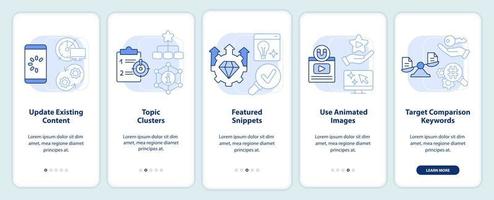 Advanced SEO techniques light blue onboarding mobile app screen. Walkthrough 5 steps editable graphic instructions with linear concepts. UI, UX, GUI template. vector
