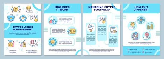 Crypto asset management blue brochure template. Blockchain. Leaflet design with linear icons. Editable 4 vector layouts for presentation, annual reports.