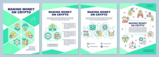 Making money on crypto green brochure template. Blockchain. Leaflet design with linear icons. Editable 4 vector layouts for presentation, annual reports.
