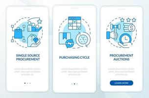 Examples of procurement process blue onboarding mobile app screen. Walkthrough 3 steps editable graphic instructions with linear concepts. UI, UX, GUI template. vector