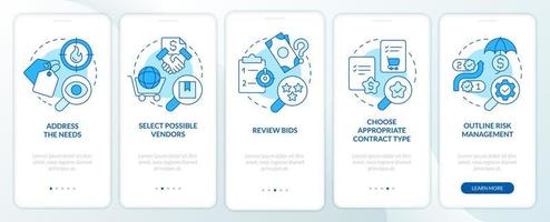 Basic procurement steps blue onboarding mobile app screen. Walkthrough 5 steps editable graphic instructions with linear concepts. UI, UX, GUI template. vector