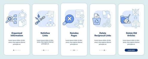 Search engine optimization principle light blue onboarding mobile app screen. Walkthrough 5 steps editable instructions with linear concepts. UI, UX, GUI template. vector