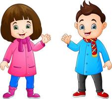 Cartoon little girl and boy wearing winter clothes vector