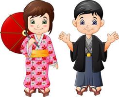 Cartoon Japanese boy and girl in traditional uniform vector