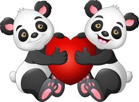 caricatura, pareja, panda, con, un, corazón rojo vector