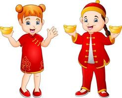 dibujos animados lindo niño y niña en traje chino vector