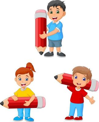 Cartoon happy kids holding big pencils