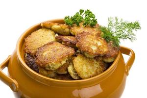 Potato pancakes in a bowl on white background photo