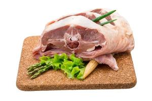 Raw lamb on wooden board and white background photo