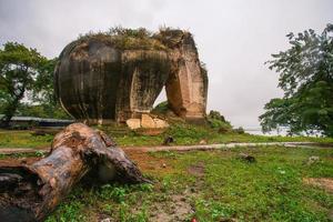 The ruined stone lions on the riverbank of Irrawaddy river damaged by 1838 earthquake, Mingun, Sagaing region, Myanmar photo