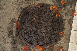 Kyoto Prefecture, Kansai, Japan - November 21, 2019 - Manhole cover engraved with design of Kyoto photo